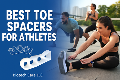 Best Toe Spacers for Athletes with a close-up of a foot wearing a silicone toe spacer, alongside athletic individuals engaging in outdoor exercises in a cityscape setting.