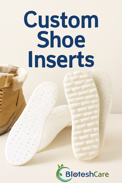 A clean, realistic image of a pair of custom shoe inserts next to a pair of winter boots, featuring BiotechCare’s logo and "Custom Shoe Inserts" text in bold letters.