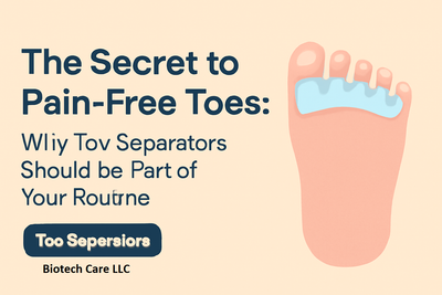 A digital graphic of a foot with a toe separator, accompanied by the text 'The Secret to Pain-Free Toes: Why Toe Separators Should Be Part of Your Routine' on a soft peach background.