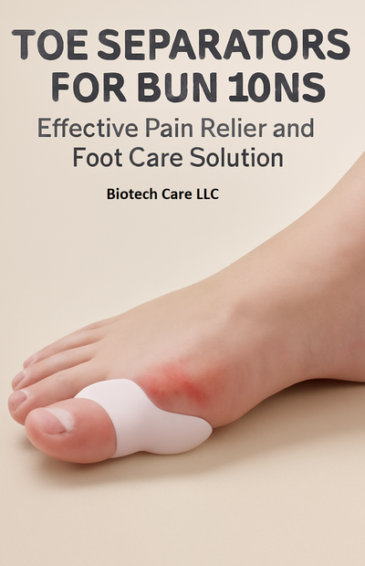 Close-up of a left foot with a red, inflamed bunion on the big toe, with a clear silicone toe separator gently aligning the toes. The text above reads "TOE SEPARATORS FOR BUNIONS: Effective Pain Relief and Foot Care Solution."