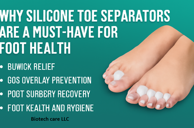 Silicone toe separators on feet with neatly trimmed toenails, highlighting the benefits of bunion relief, toe overlap prevention, post-surgery recovery, and foot health on a teal gradient background