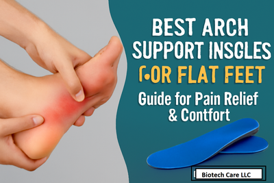 Best Arch Support Insoles for Flat Feet: Guide for Pain Relief & Comfort by BioTech Care LLC, featuring a foot with arch pain and blue insoles