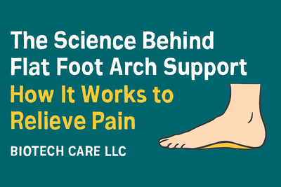 Illustration of a foot with a beige arch support insert on a teal background, with the text 'The Science Behind Flat Foot Arch Support' and 'How It Works to Relieve Pain' in bold white and yellow-orange fonts, and 'BIOTECH CARE LLC' at the bottom