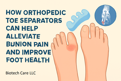 Orthopedic toe separators helping alleviate bunion pain and improve foot health, featuring an illustration of a foot with a bunion and a translucent toe separator for better alignment and comfort