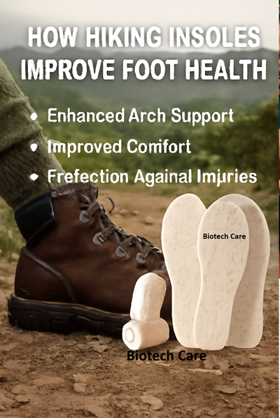 "Close-up of hiking boots on a rocky trail with hiking insoles beside them, showcasing the benefits of enhanced arch support, improved comfort, and injury protection. Ideal for long hikes and preventing foot fatigue."