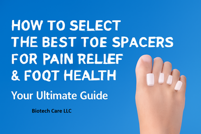 How to select the best toe spacers for pain relief and foot health, featuring a close-up of a left foot with white silicone toe spacers between the toes, displayed against a smooth blue gradient background