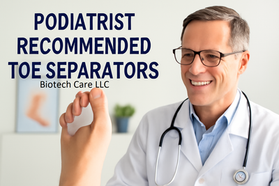 Podiatrist recommending toe separators in a clinic setting, with a close-up of a foot wearing a silicone toe separator. The text 'PODIATRIST RECOMMENDED TOE SEPARATORS' is prominently displayed