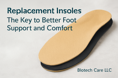 "Replacement insoles for better foot support and comfort, showcasing high-quality tan and black insoles with the text 'Replacement Insoles: The Key to Better Foot Support and Comfort' and 'Biotech Care LLC'."