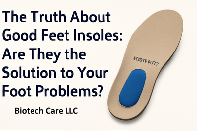 Good Feet Insoles with blue heel pad, showcasing ergonomic design for foot pain relief and arch support, on a soft off-white background with bold navy blue text: 'The Truth About Good Feet Insoles: Are They the Solution to Your Foot Problems?