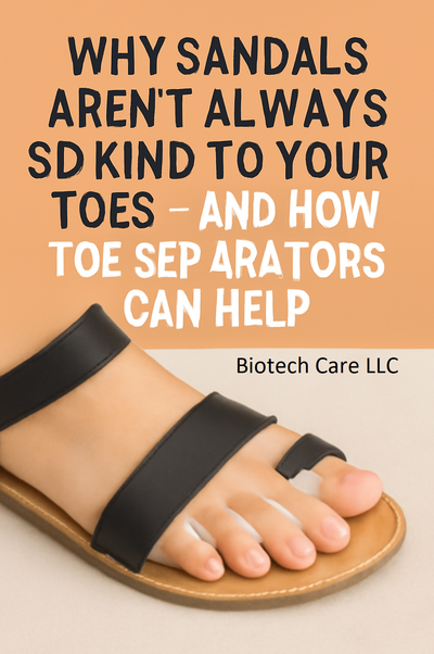 Close-up of a black sandal with silicone toe separators, highlighting the comfort and relief they provide for your toes. Text overlay: 'Why Sandals Aren’t Always Kind to Your Toes – And How Toe Separators Can Help