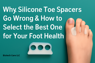 Graphic showing the title 'Why Silicone Toe Spacers Go Wrong & How to Select the Best One for Your Foot Health' with a silicone toe spacer and a well-groomed foot wearing it, set against a teal background