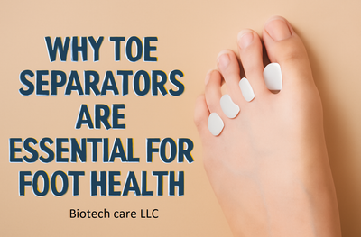 Close-up of a foot with a white silicone toe separator against a beige background, highlighting the importance of toe separators for foot health with the bold text "WHY TOE SEPARATORS ARE ESSENTIAL FOR FOOT HEALTH."