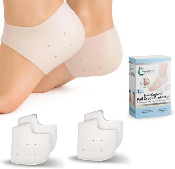 BiotechCare Heel Cups for Heel Pain Relief (2 Pairs) Silicone Heel Protectors, Medical-Grade Heel Pads for Men & Women Cracked Heel Treatment, Plantar Fasciitis Relief, Spurs Soft Heel Cushion (Clear).